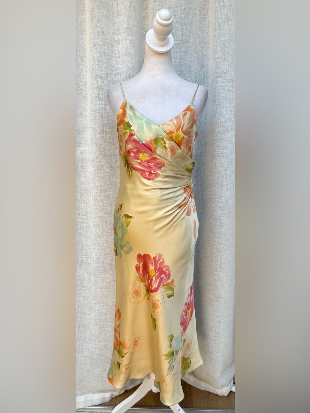 Jones New York light butter floral bias spaghetti straps midi dress